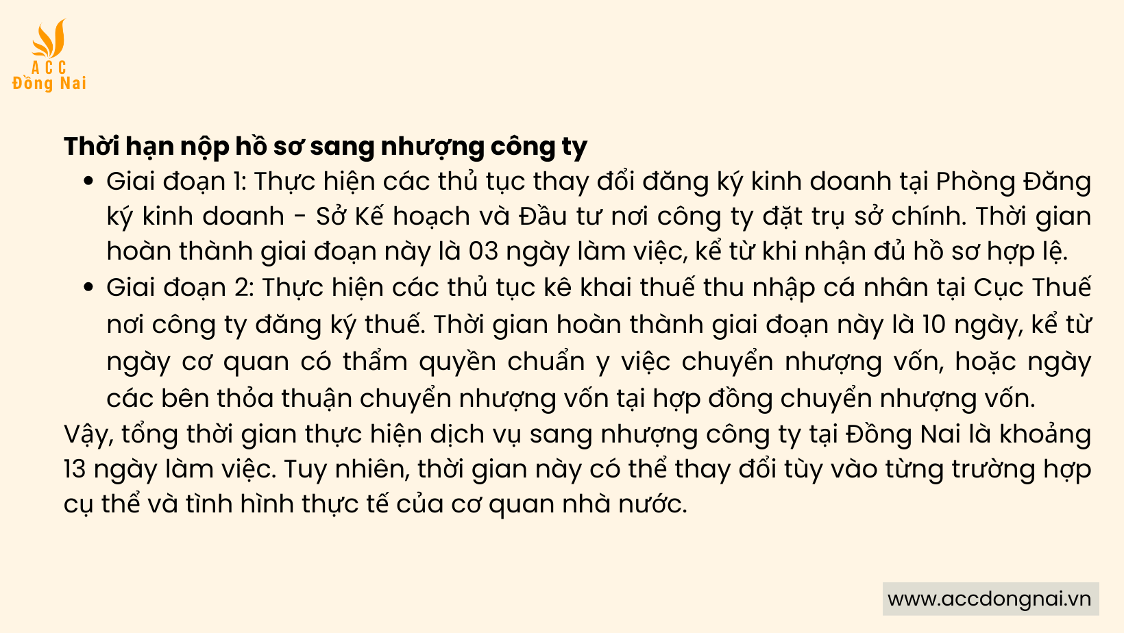 Thời gian thực hiện dịch vụ sang nhượng công ty