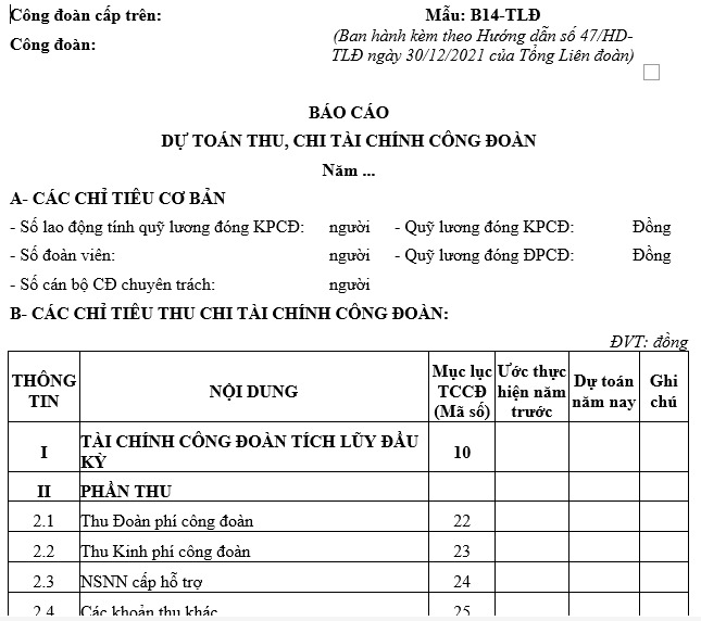 Mẫu B14 TLĐ – Thu chi tài chính công đoàn