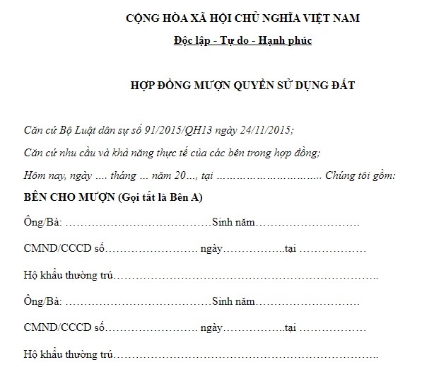 Mẫu hợp đồng cho mượn quyền sử dụng đất