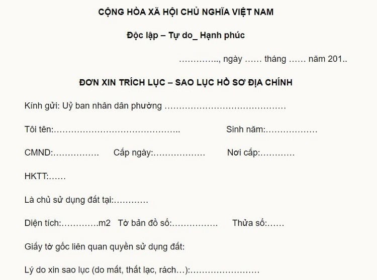 Mẫu đơn xin trích đo thửa đất