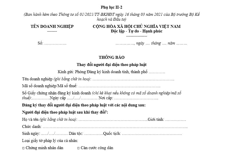 Mẫu thông báo thay đổi người đại diện theo pháp luật 