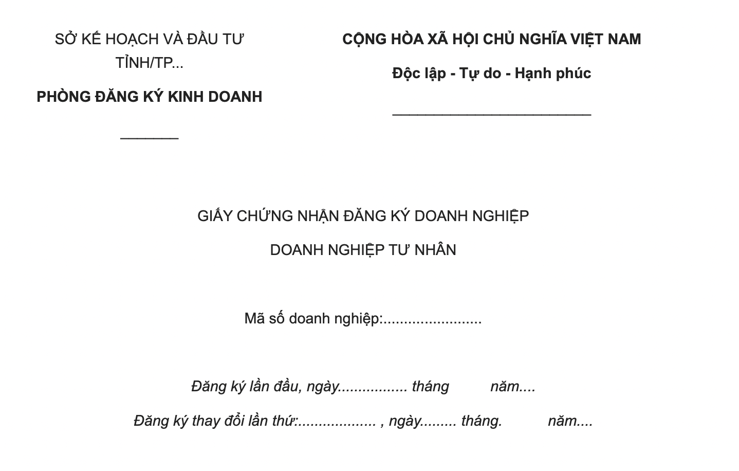 Giấy chứng nhận đăng ký doanh nghiệp tư nhân mới nhất