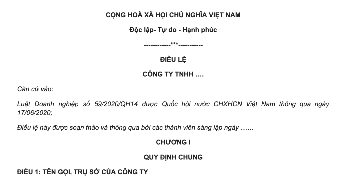 Mẫu Dự thảo Điều lệ công ty TNHH