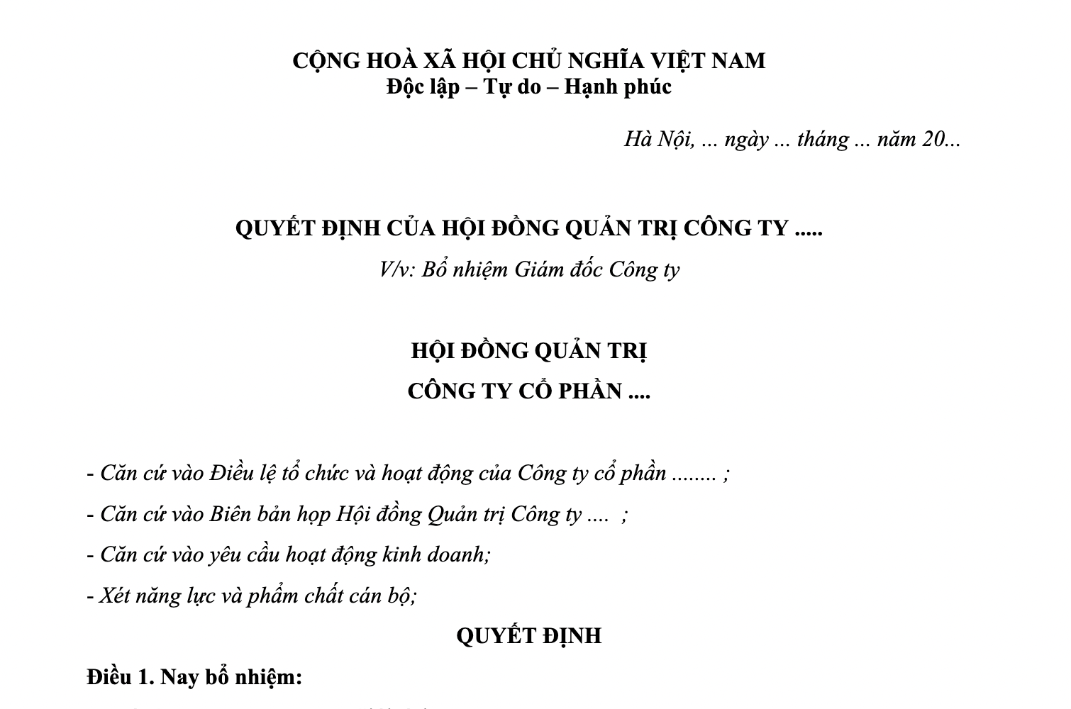 Mẫu Quyết định bổ nhiệm Giám đốc công ty cổ phần 