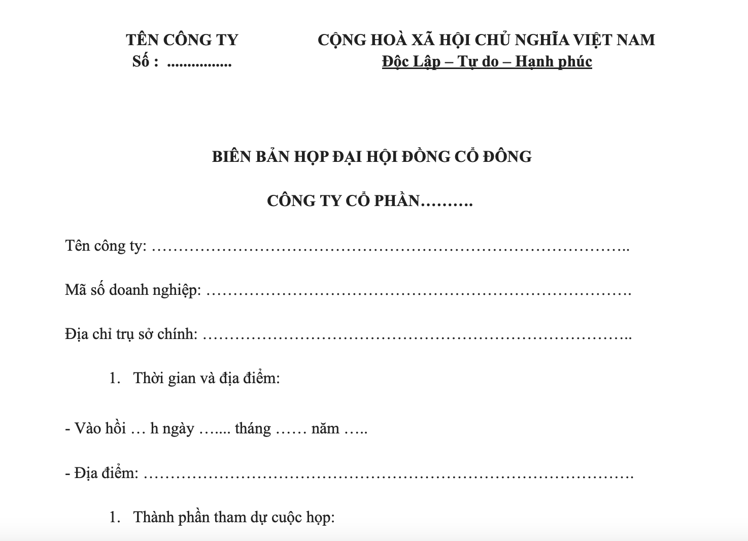 Mẫu biên bản họp đại hội cổ đông công ty cổ phần