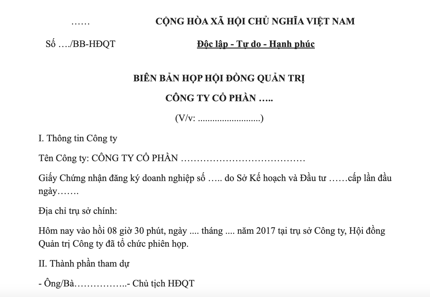 Mẫu biên bản họp hội đồng quản trị công ty cổ phần