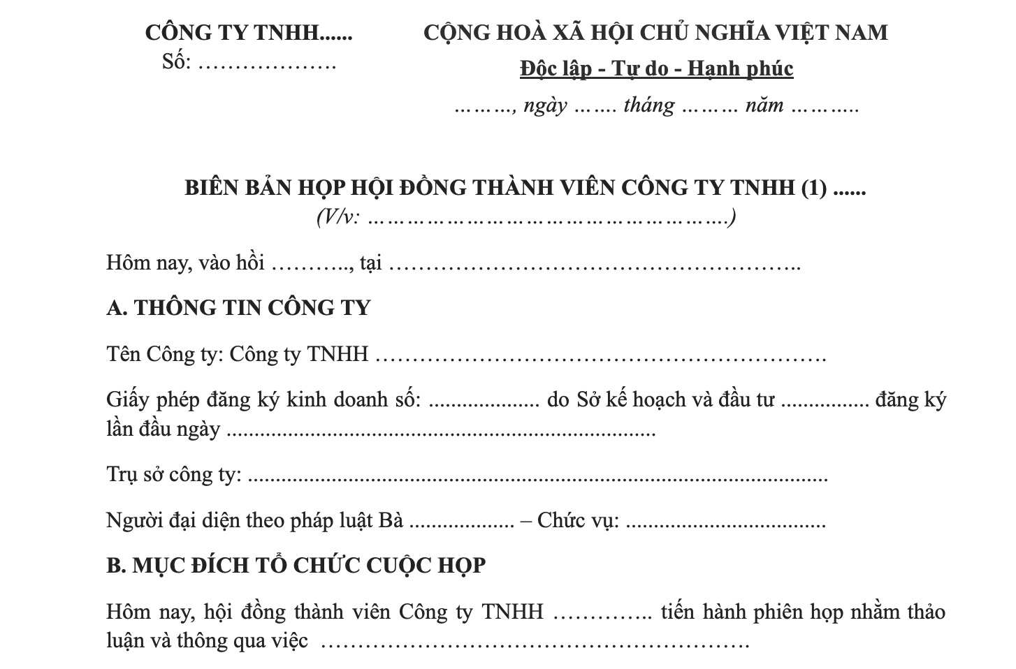 Mẫu biên bản họp hội đồng thành viên công ty TNHH 2 thành viên trở lên