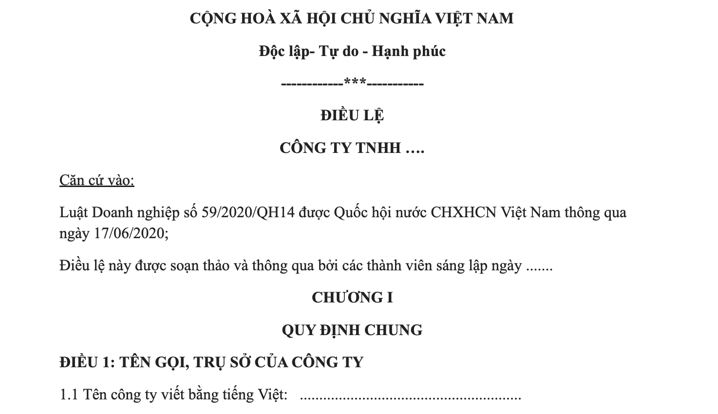 Mẫu điều lệ công ty TNHH 2 thành viên trở lên