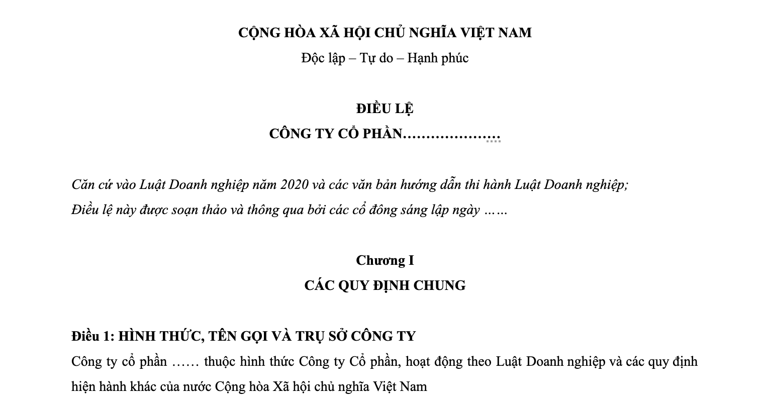 Mẫu điều lệ công ty cổ phần