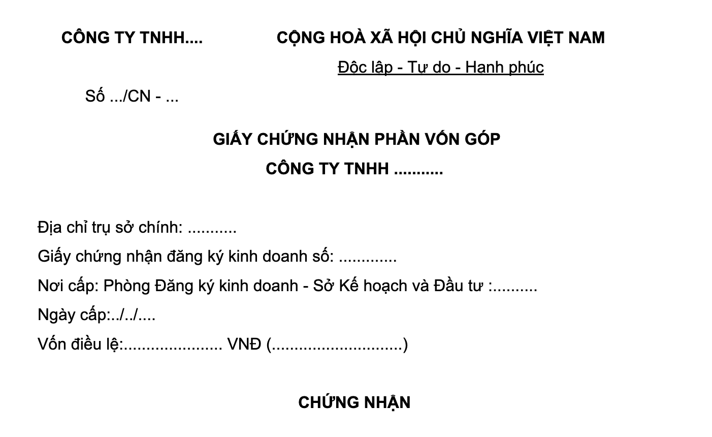 Mẫu giấy chứng nhận góp vốn công ty TNHH