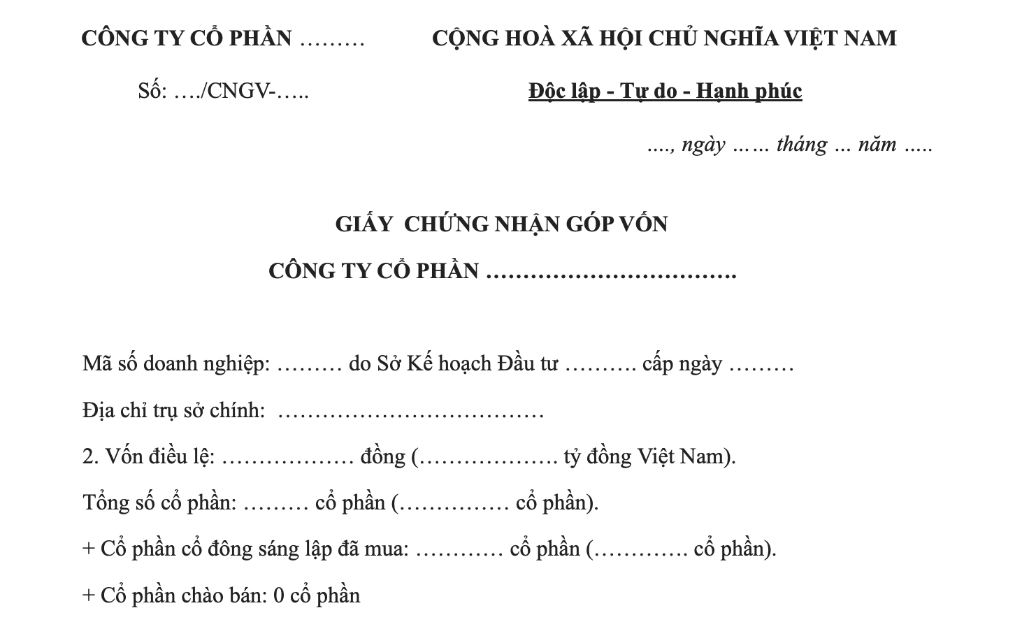 Mẫu giấy chứng nhận góp vốn công ty cổ phần mới nhất