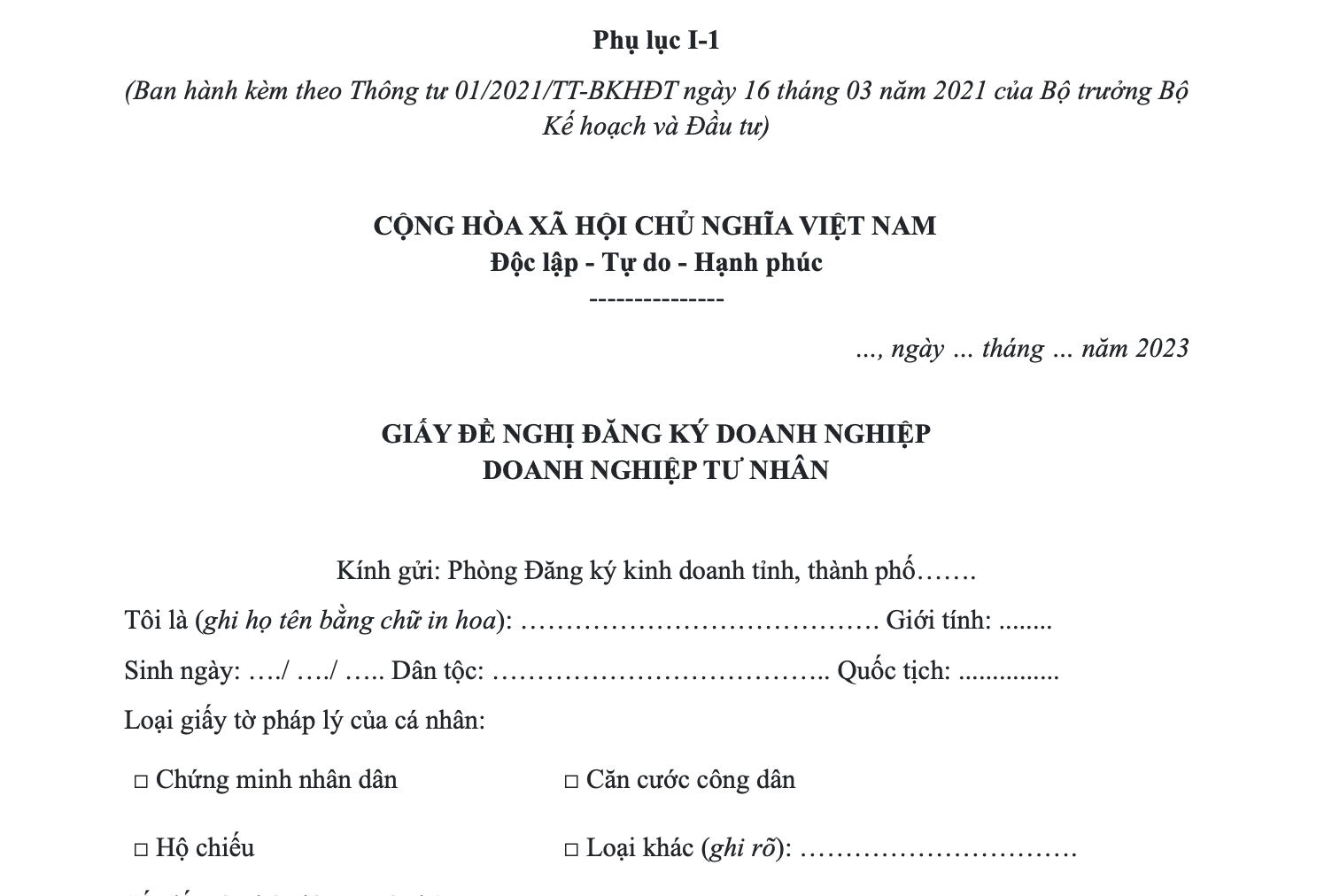 Mẫu giấy đề nghị đăng ký doanh nghiệp tư nhân mới nhất