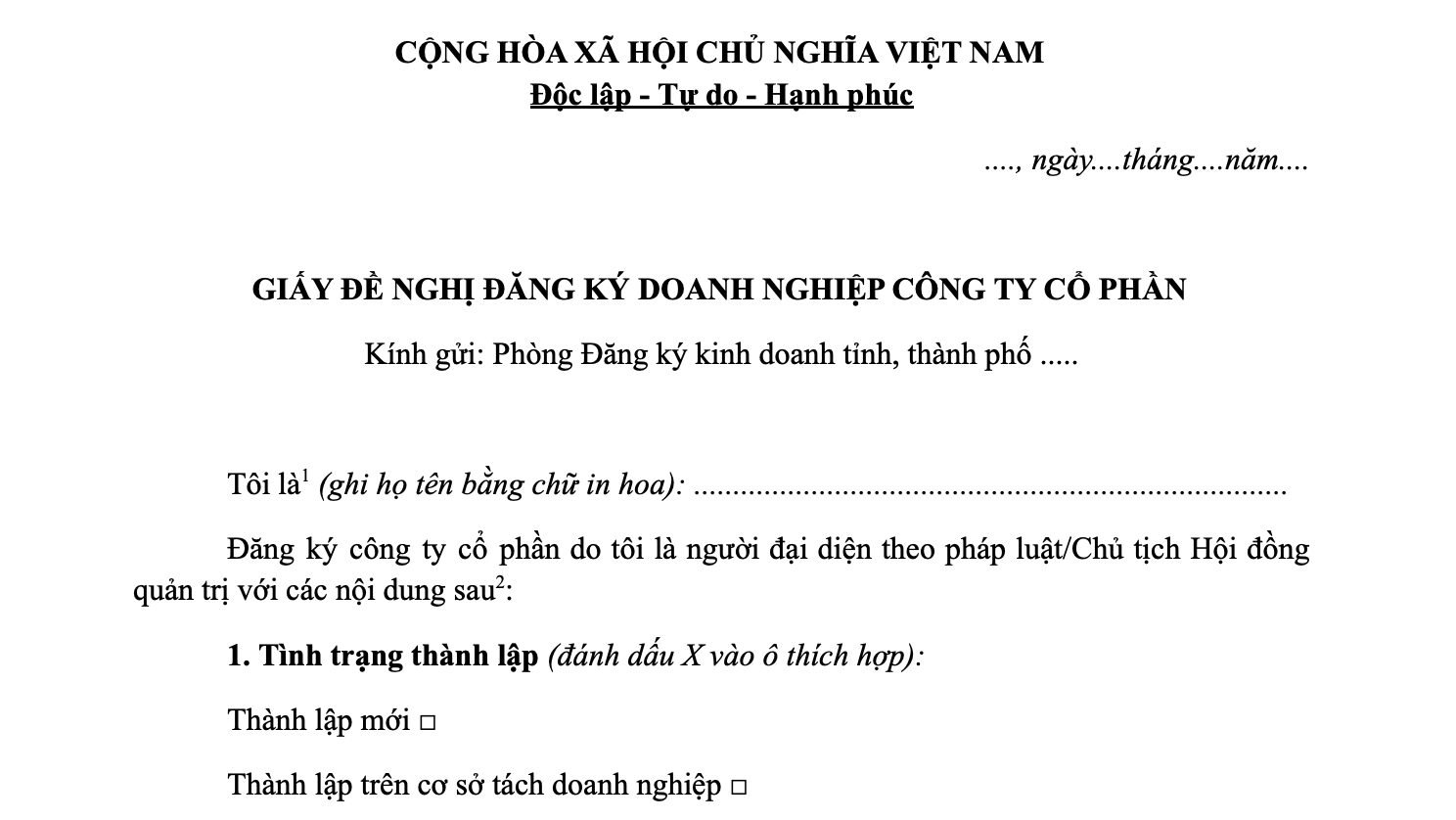 Mẫu giấy đề nghị thành lập công ty cổ phần mới nhất