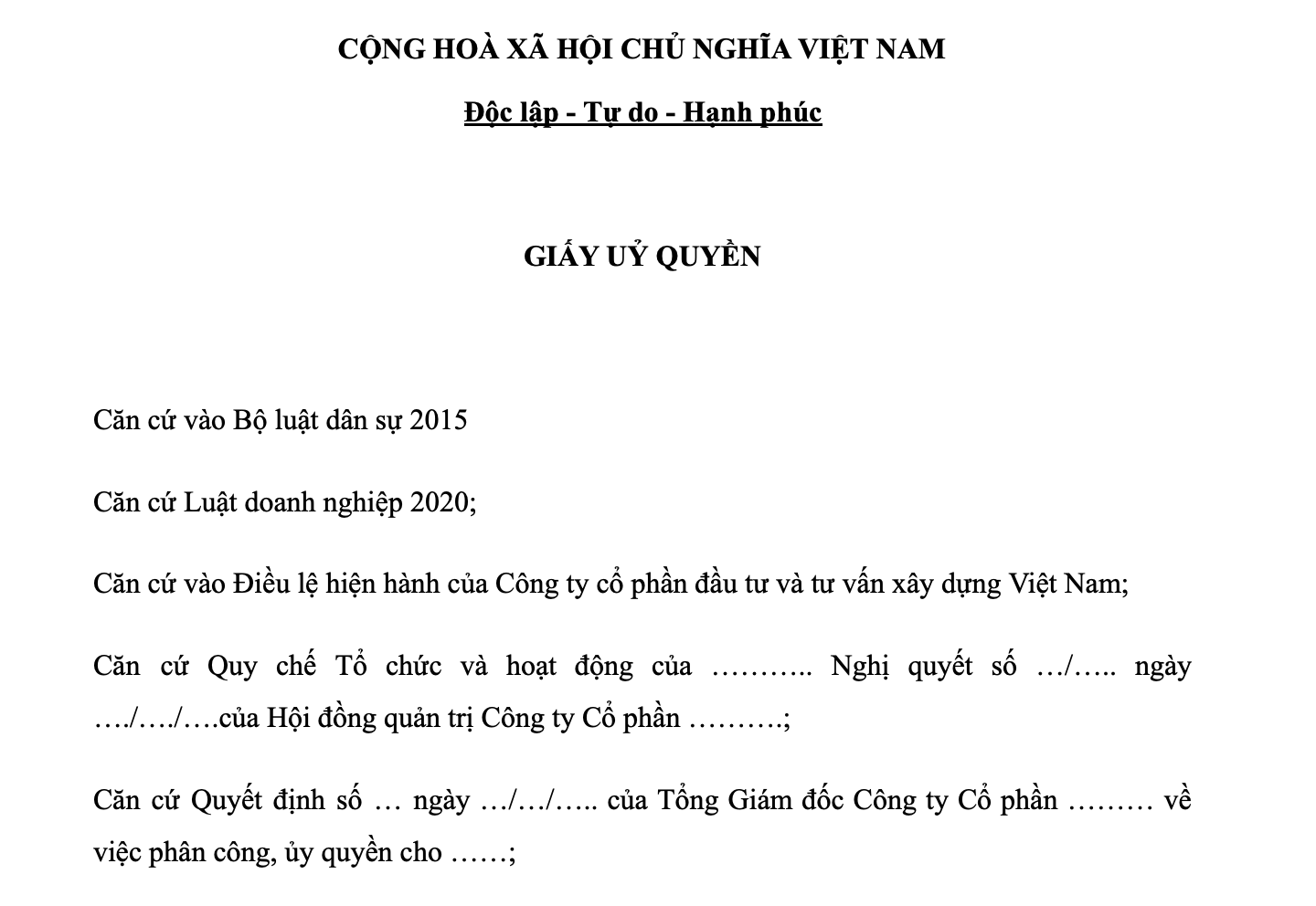 Mẫu giấy ủy quyền của giám đốc công ty cổ phần mới nhất