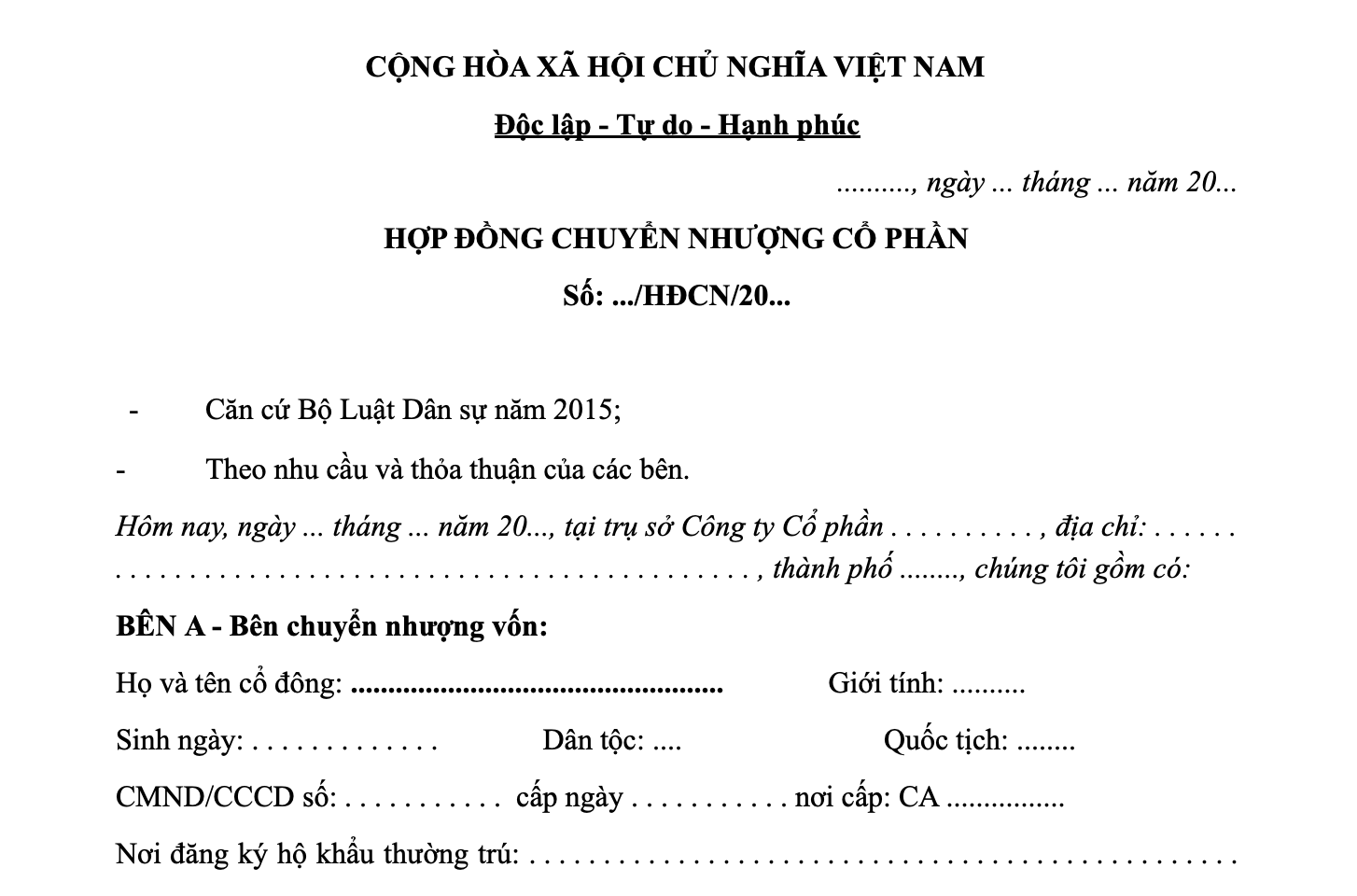 Mẫu hợp đồng chuyển nhượng cổ phần mới nhất