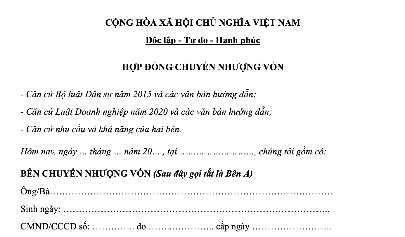 Mẫu hợp đồng chuyển nhượng góp vốn của công ty TNHH