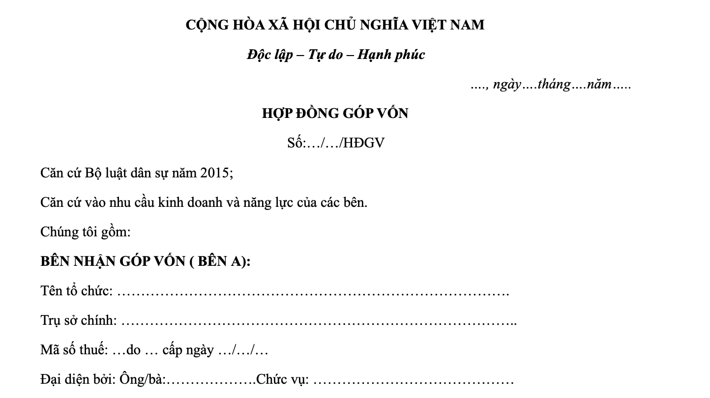 Mẫu hợp đồng góp vốn thành lập công ty cổ phần