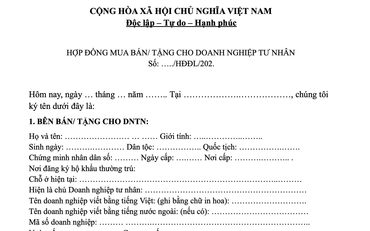 Mẫu hợp đồng mua bán, tặng cho doanh nghiệp tư nhân