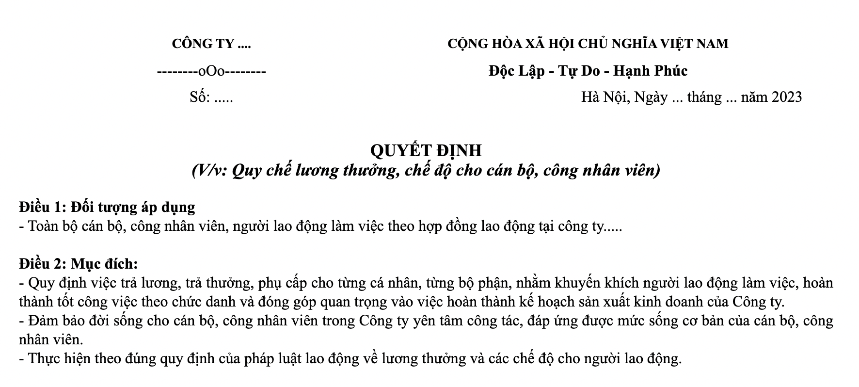 Mẫu quy chế lương thưởng của công ty TNHH