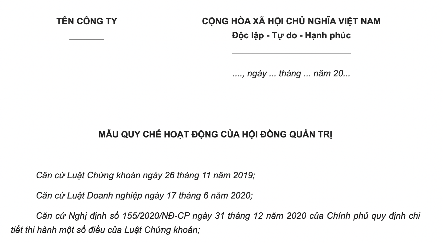 Mẫu quy chế nội bộ quản trị của công ty đại chúng