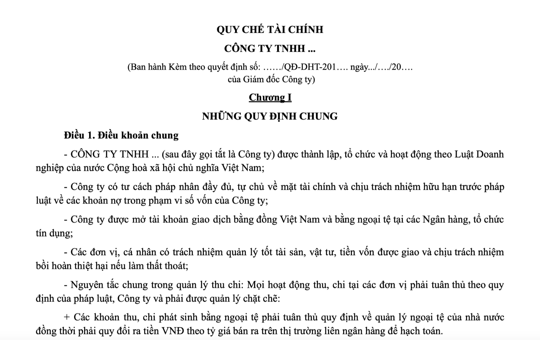 Mẫu quy chế tài chính của Công ty TNHH