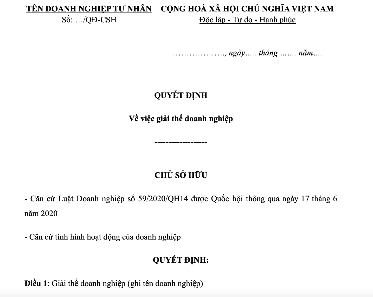 Mẫu quyết định giải thể doanh nghiệp tư nhân mới nhất