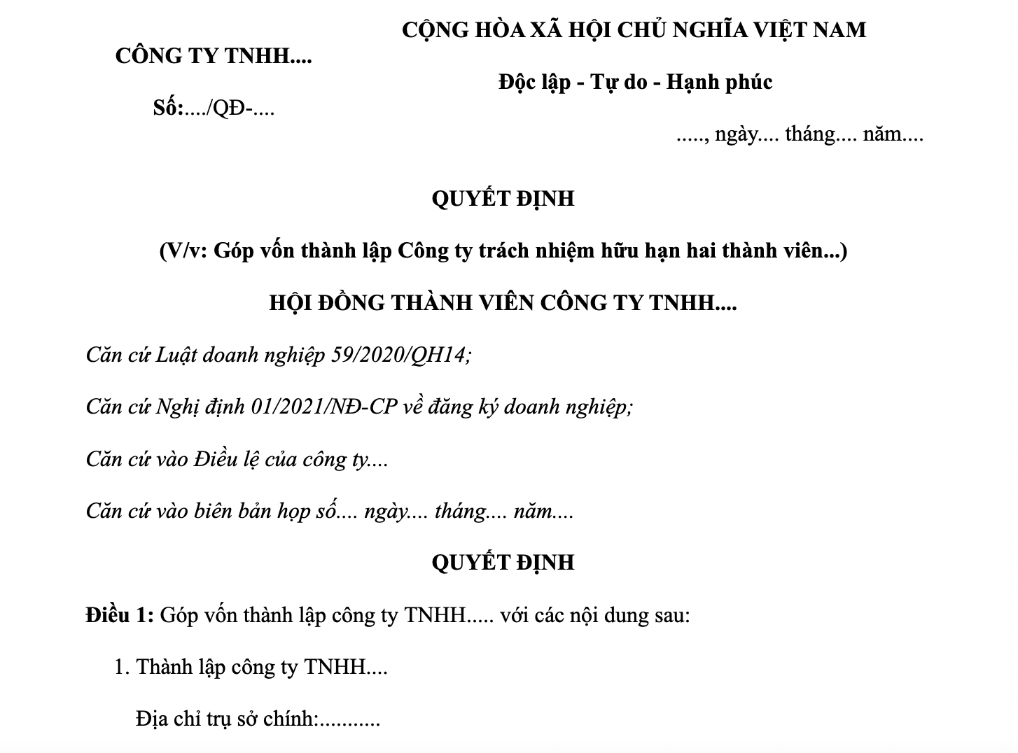 Mẫu quyết định thành lập công ty TNHH 2 thành viên trở lên