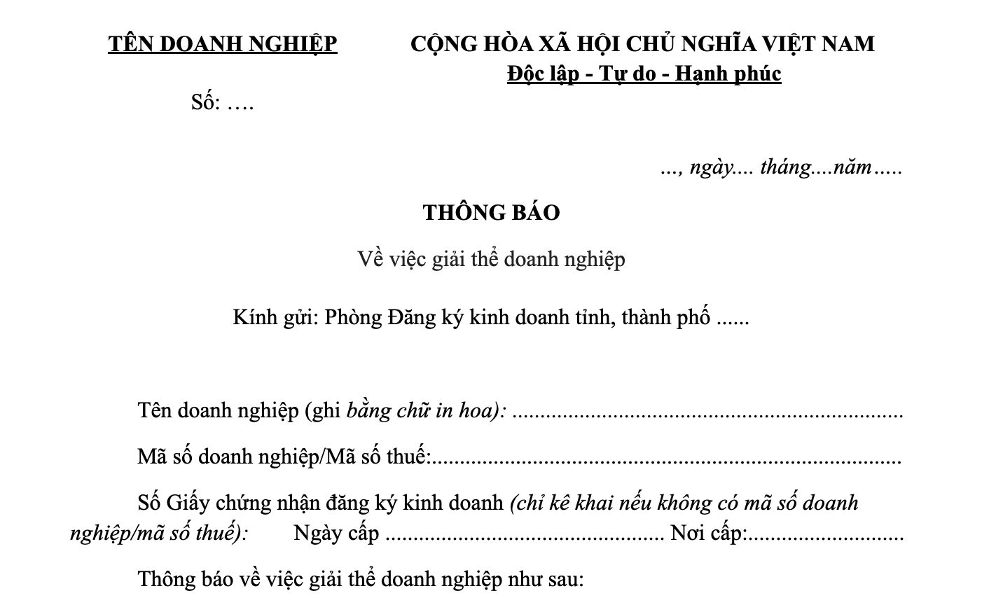 Mẫu thông báo giải thể công ty cổ phần mới nhất