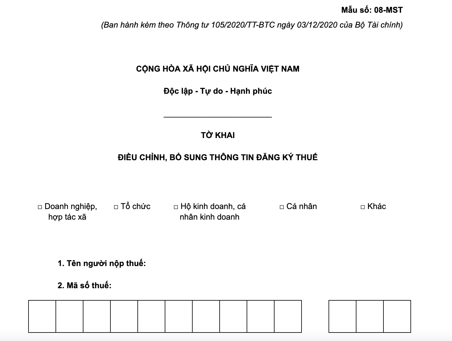 Mẫu 08 MST - Tờ khai điều chỉnh bổ sung thông tin đăng ký thuế