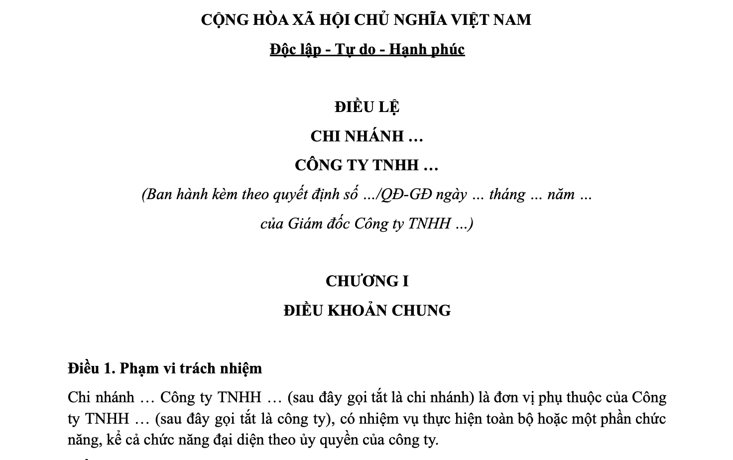 Mẫu điều lệ chi nhánh công ty TNHH