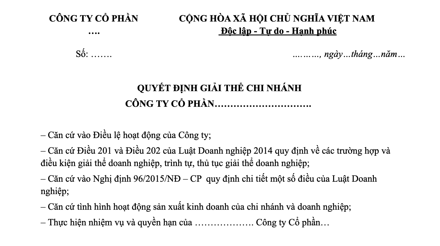 Mẫu quyết định giải thể chi nhánh công ty cổ phần