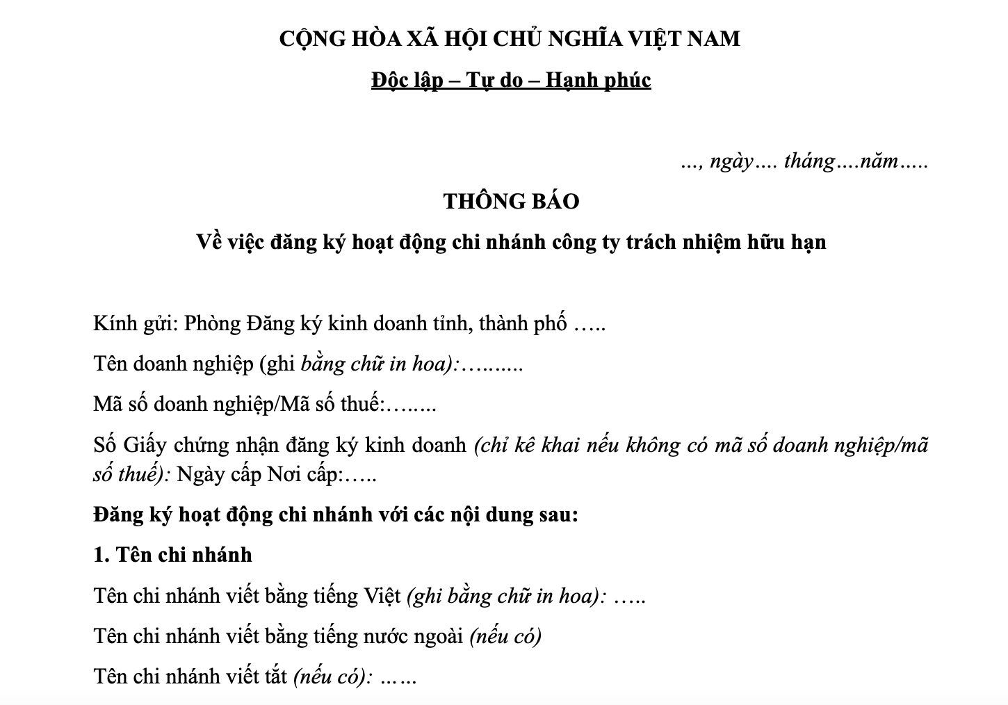 Mẫu thông báo thành lập chi nhánh công ty TNHH