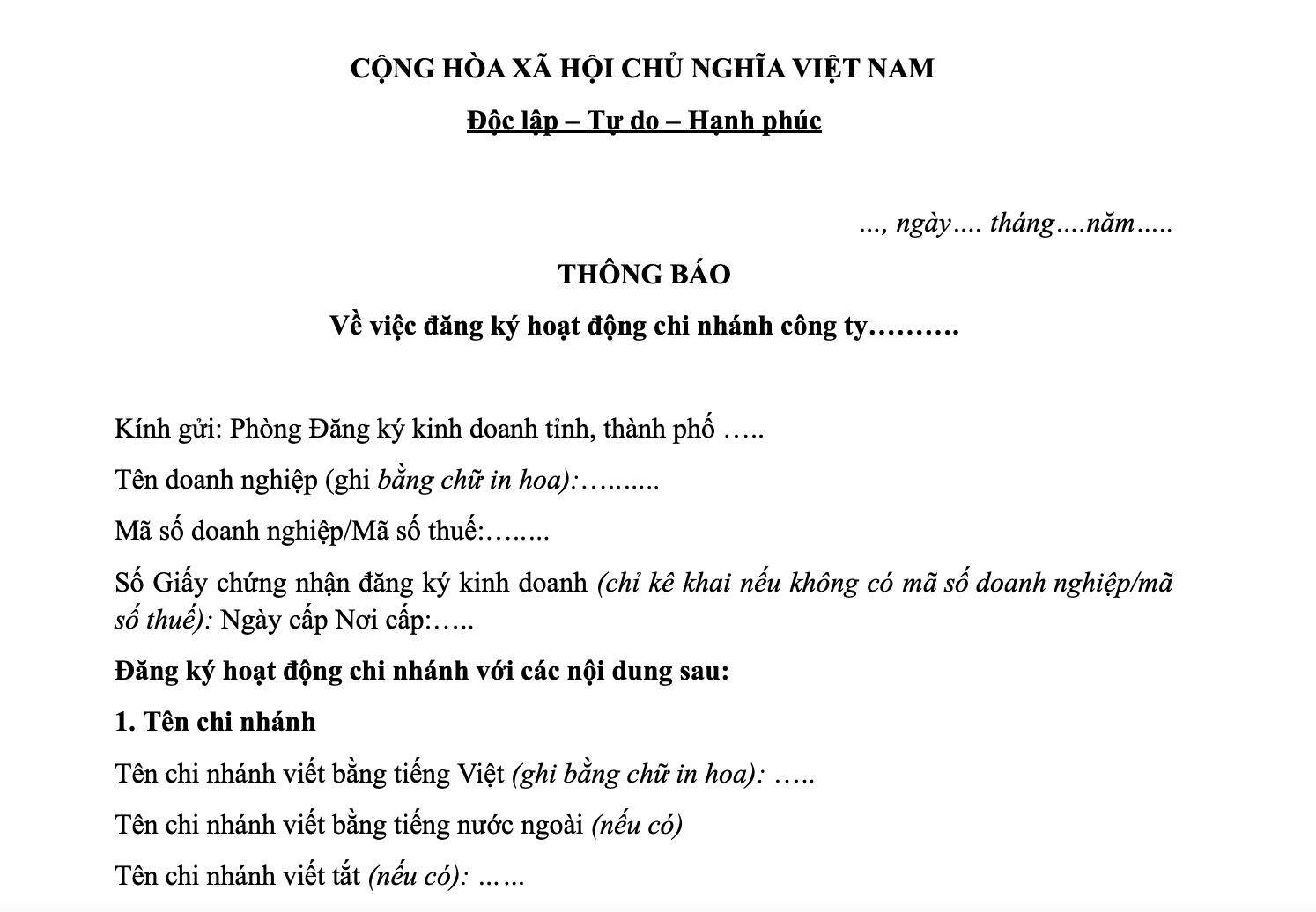 Mẫu thông báo thành lập chi nhánh công ty