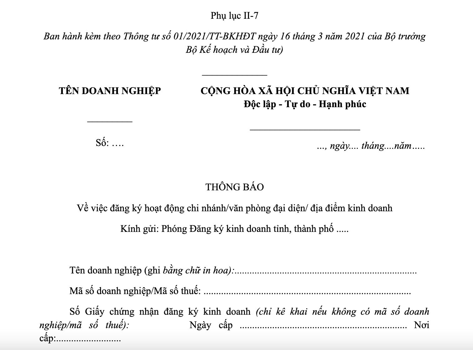 Mẫu đơn đề nghị thành lập chi nhánh công ty