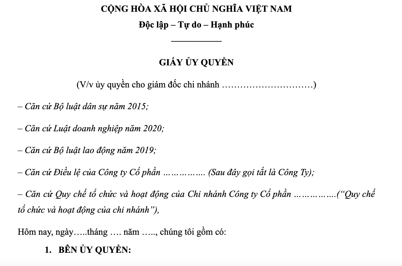 Mẫu giấy ủy quyền của giám đốc công ty cho giám đốc chi nhánh