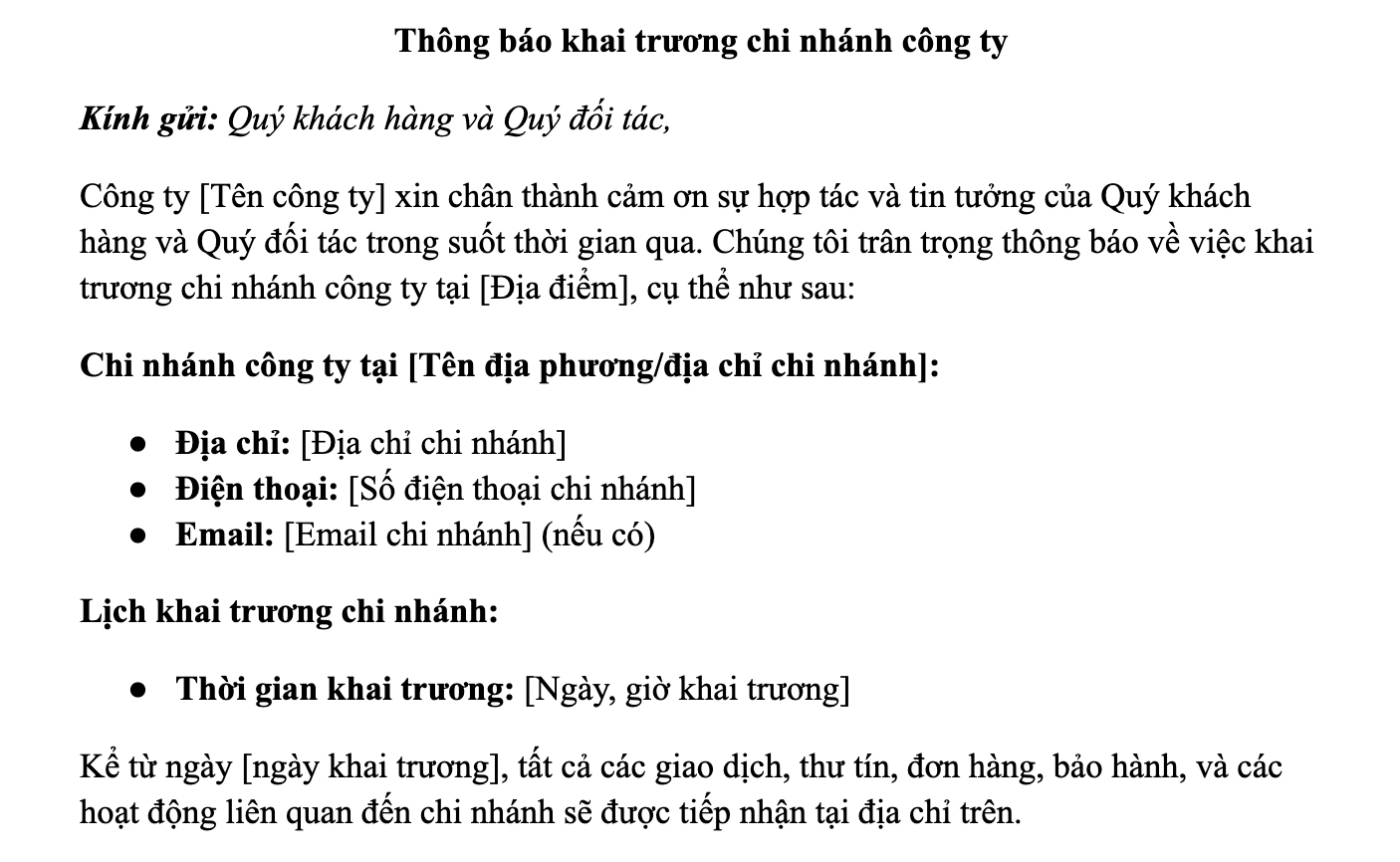 Mẫu thông báo khai trương chi nhánh công ty